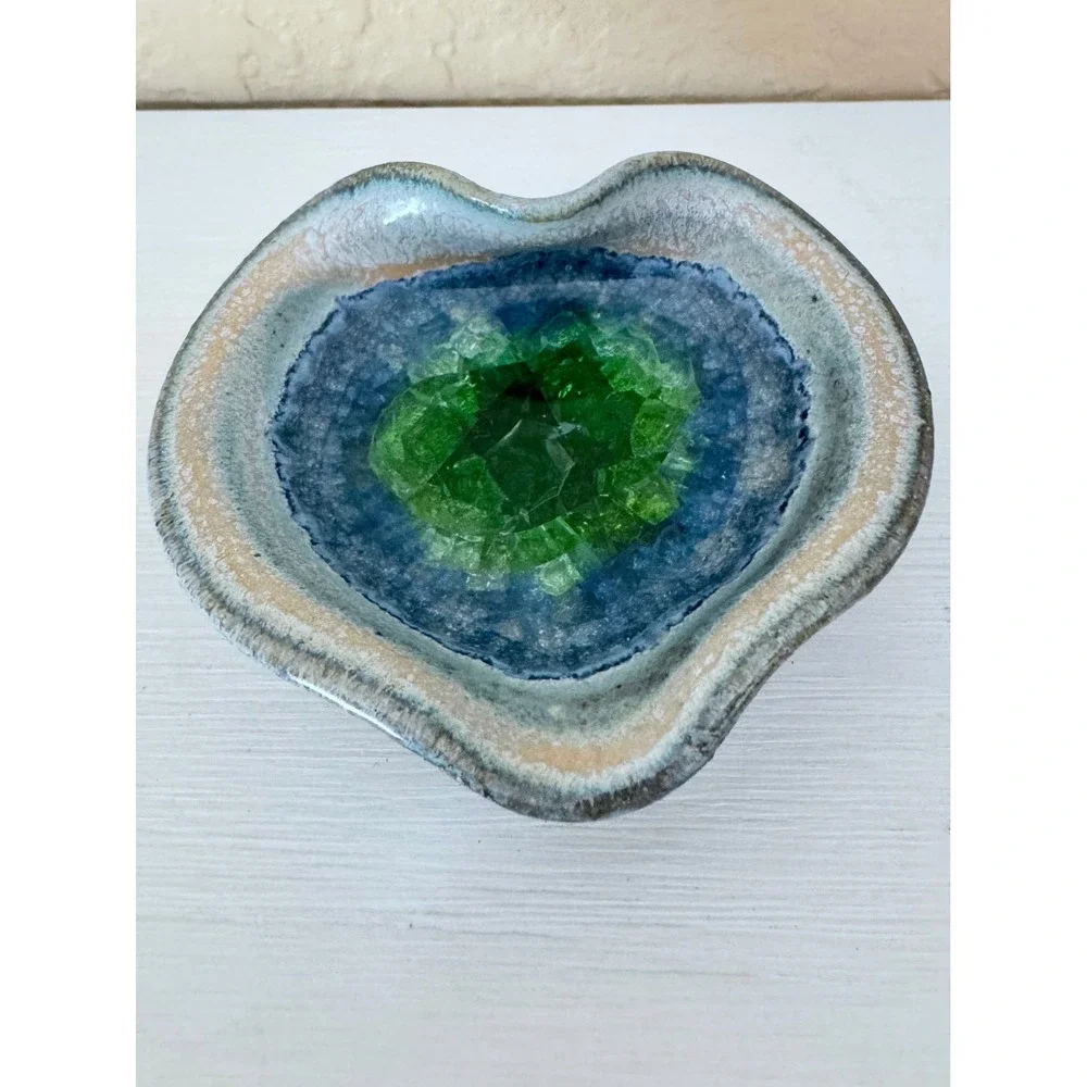 Handmade Studio Pottery Heart Dish Green Crystal Glaze Geode Ring Dish Trinket 3
